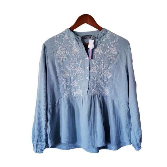 Tops - Max Embroidered Top Shirt Blouse Blue Tunic 100 % Cotton Full Sleeves Size M